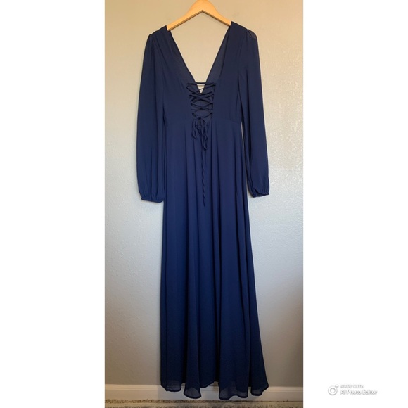 Lulus Large Marvelous Affair Navy Blue Pleated Lace-Up Maxi Dress NWT - Picture 9 of 17